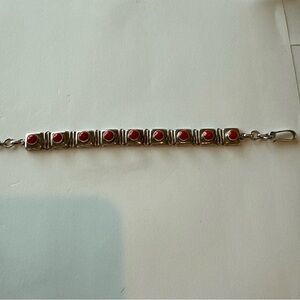 Vintage Sterling Silver Red Coral Linked Panel Bracelet 8” Unmarked